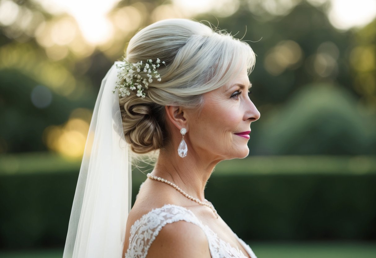 A mother of the bride with a classic updo adorned with delicate flowers and a subtle veil, exuding elegance and grace