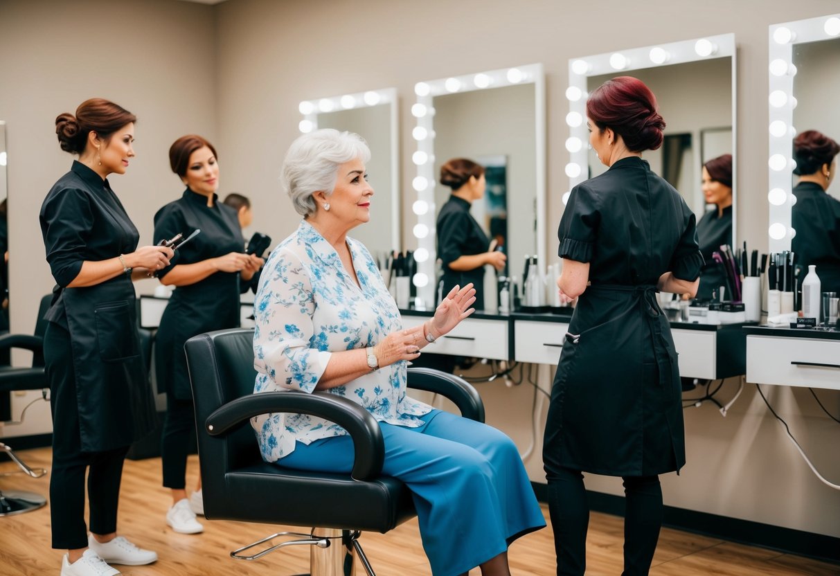 A middle-aged woman sitting in a salon chair, surrounded by hairdressers and mirrors, discussing hairstyle options for her daughter's wedding