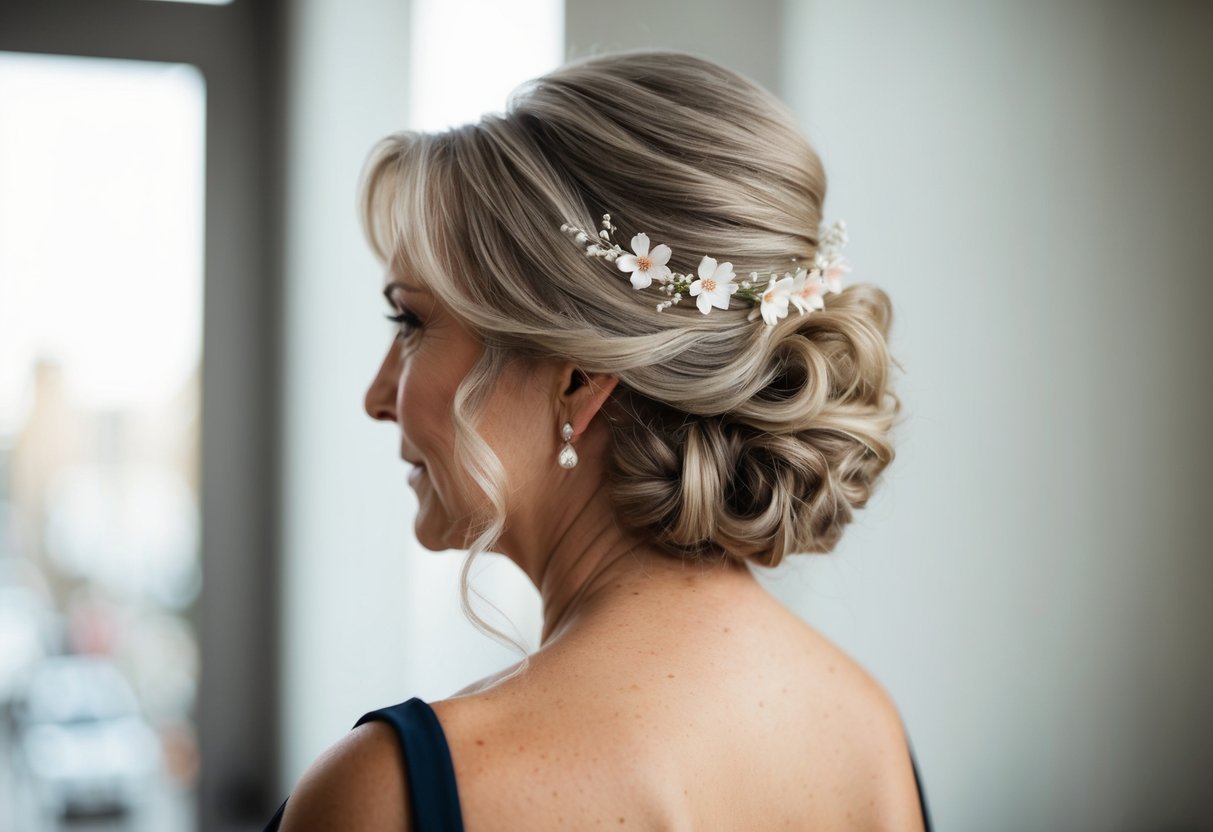 A middle-aged woman with wavy, shoulder-length hair styled in an elegant updo, adorned with delicate flowers or decorative hair accessories