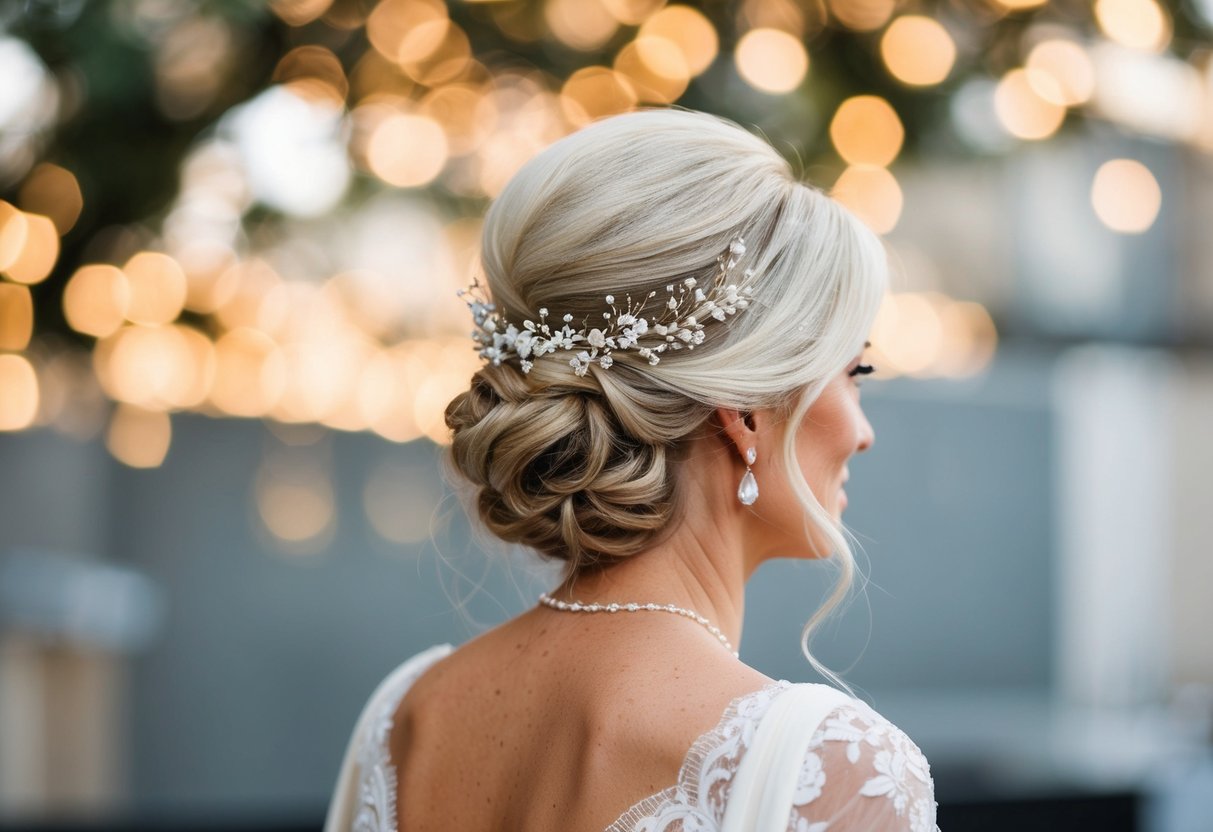 A mother of the bride with a chic updo adorned with delicate floral accessories