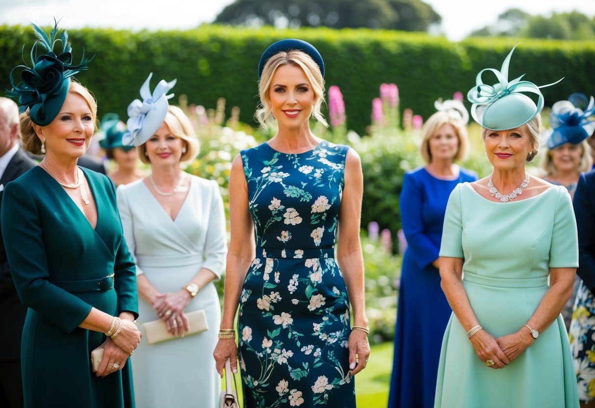 A woman in a stylish dress stands in a garden filled with flowers and greenery, surrounded by other elegantly dressed guests wearing fascinators