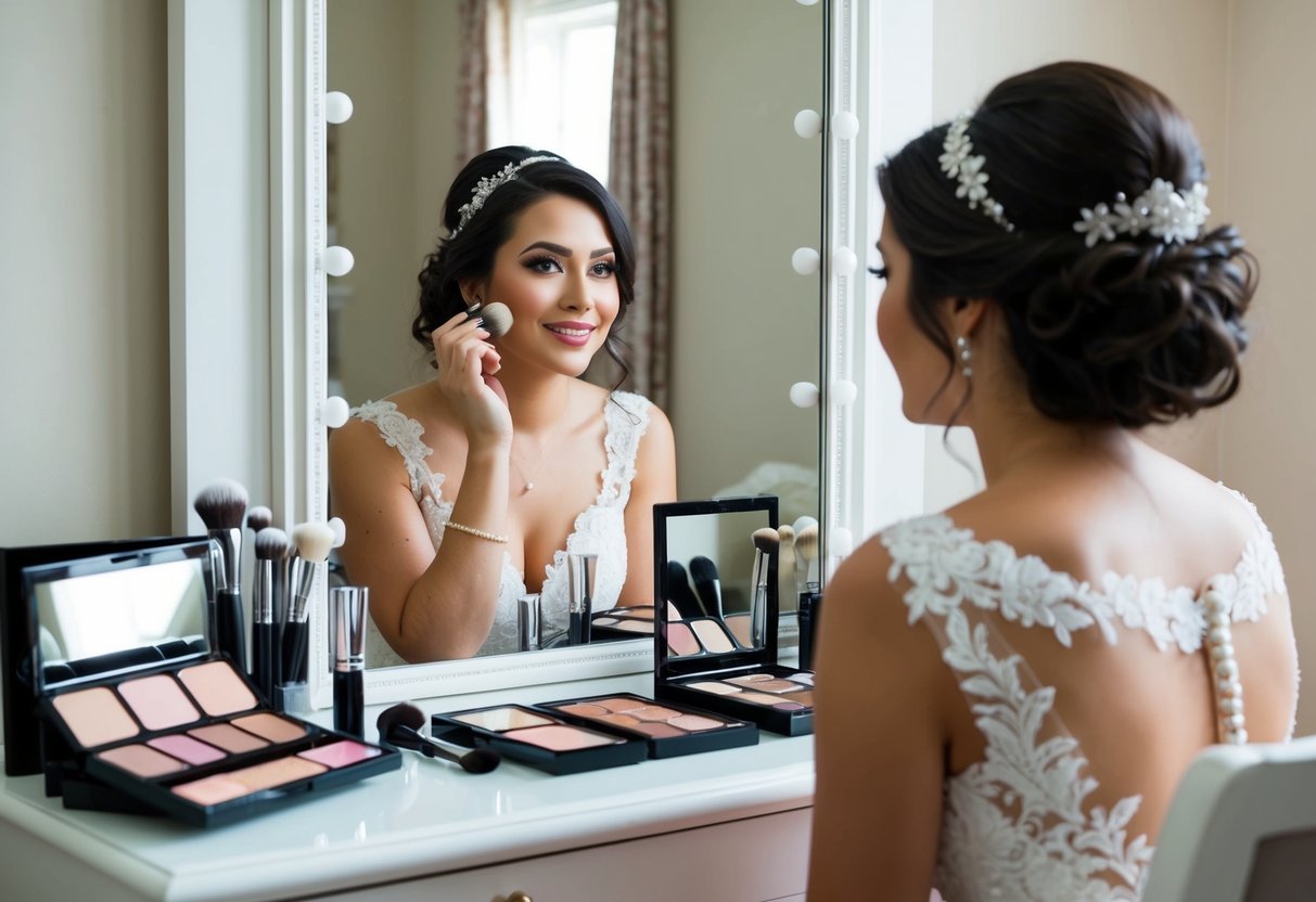A bride sits at a vanity, surrounded by makeup palettes and brushes. She gazes into a mirror, experimenting with different looks