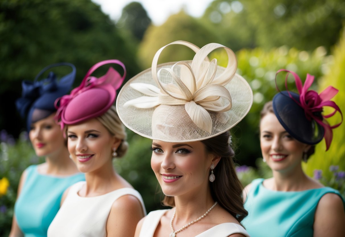 A garden wedding with a variety of fascinator styles on display, from elegant and traditional to bold and modern