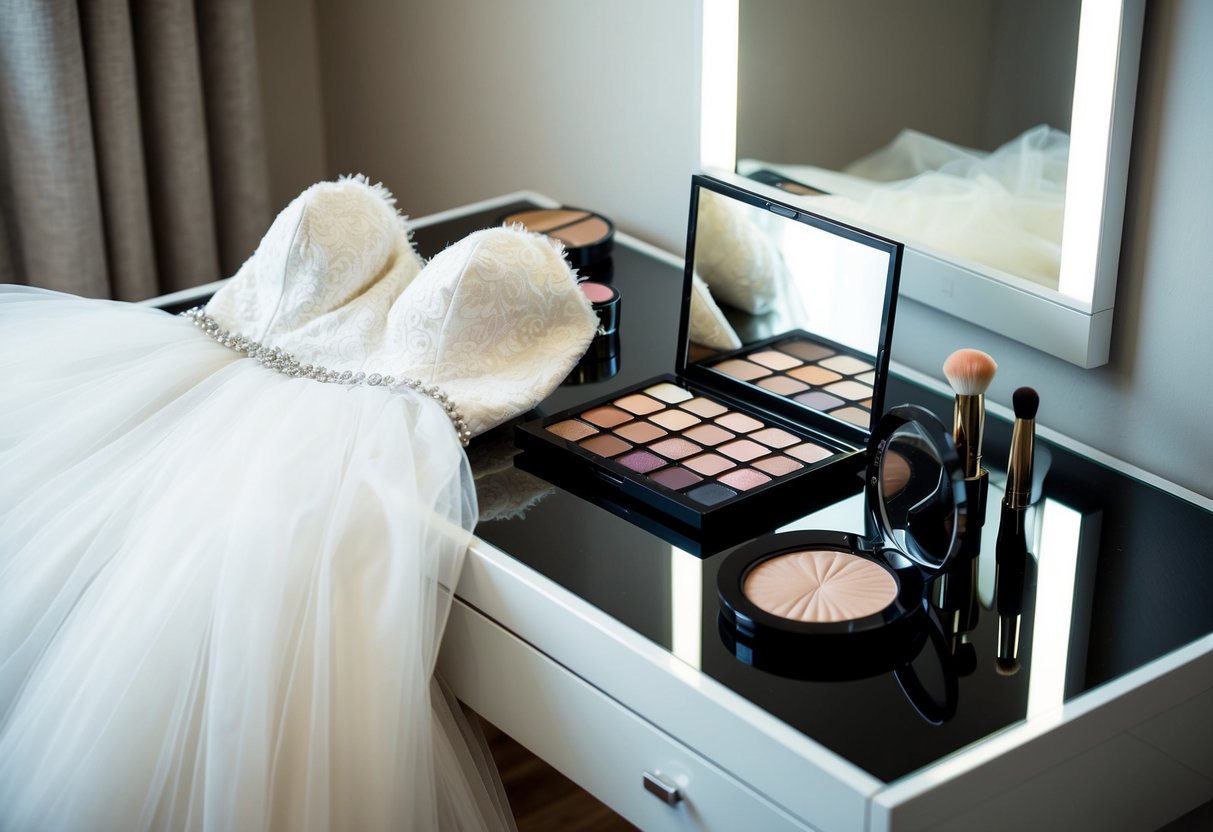 A bridal gown and makeup palette laid out on a sleek, modern vanity table with soft, natural lighting