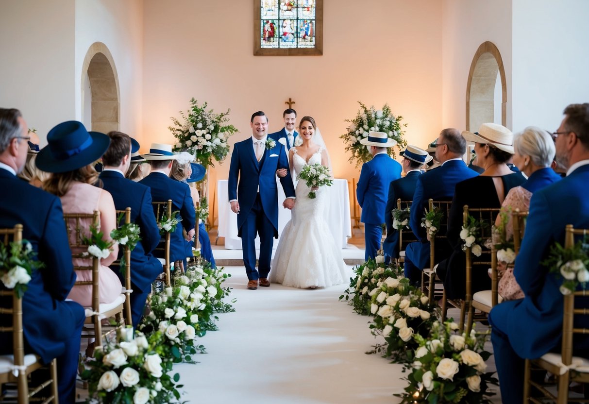 A wedding ceremony with guests seated, hats off, and a bride and groom standing at the altar