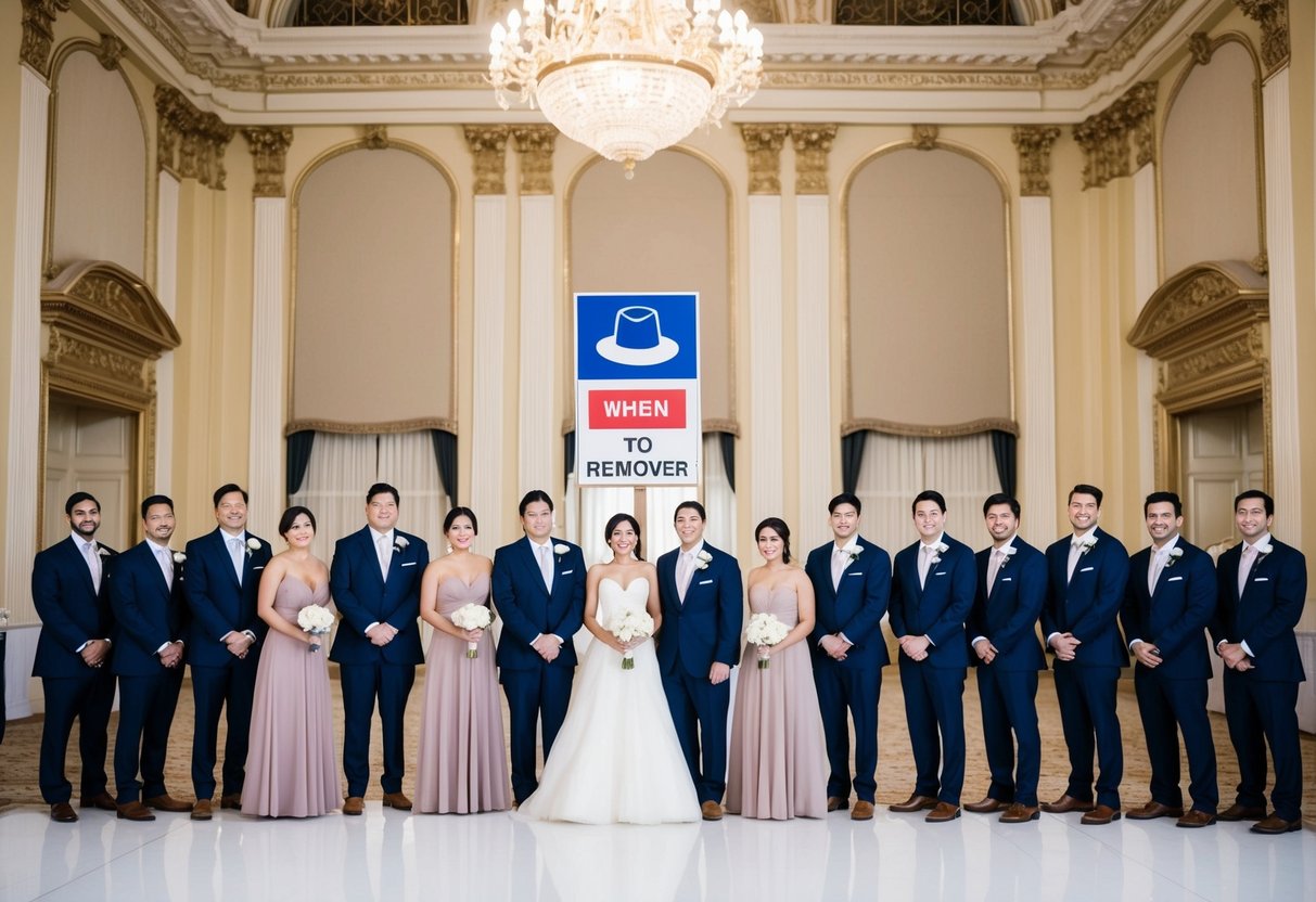 The wedding party stands in a grand, ornate ballroom. A sign with a hat symbol is displayed, indicating when to remove headwear