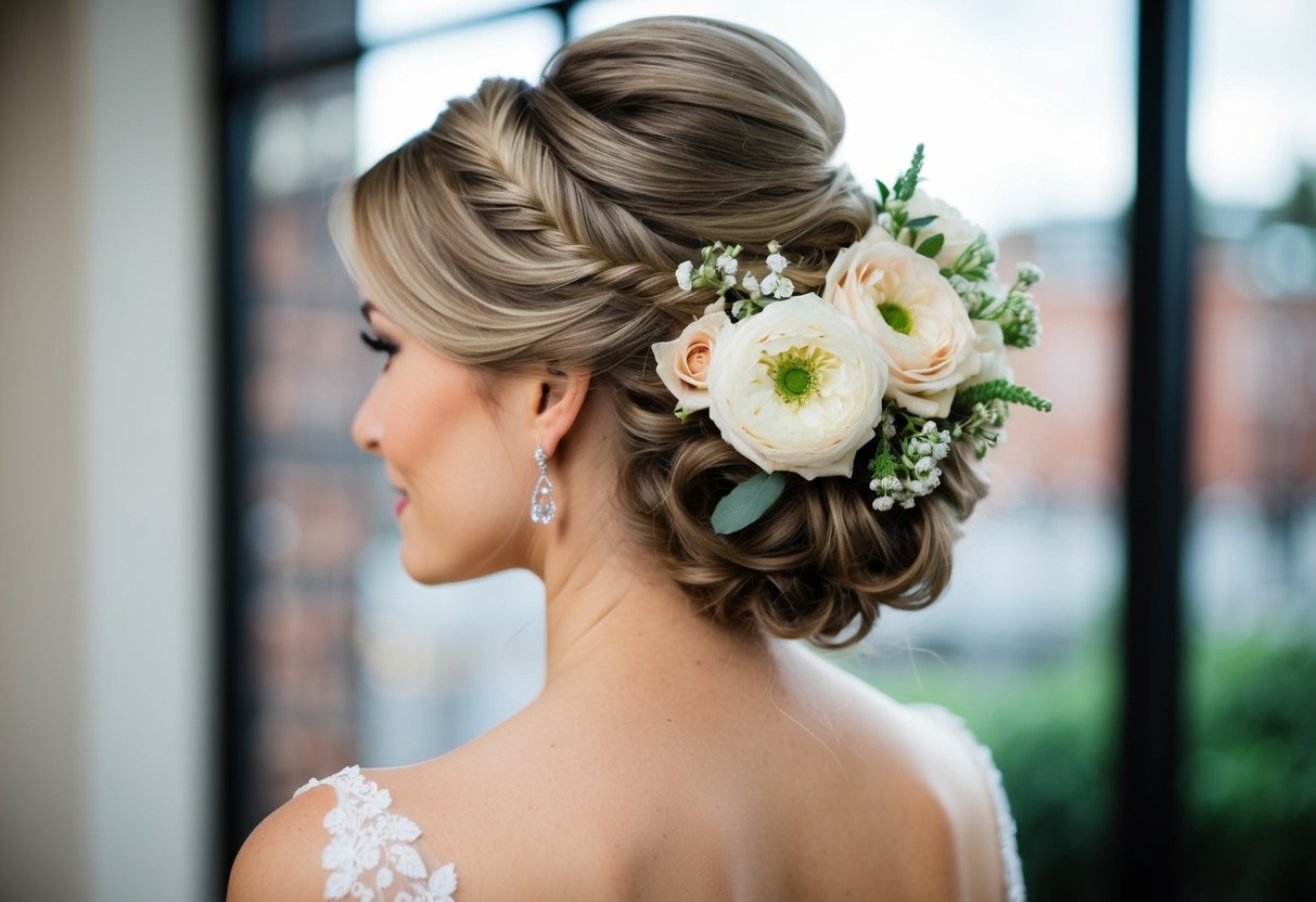 A woman's elegant updo with flowers for a wedding