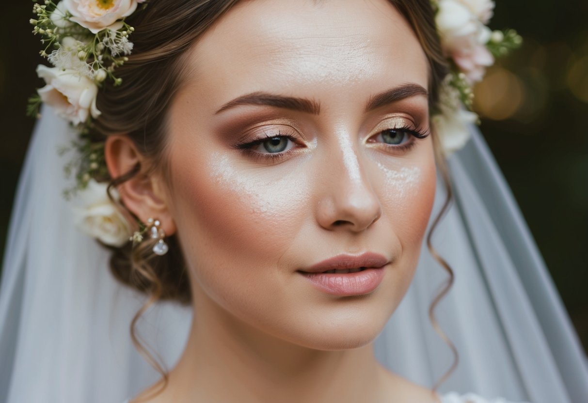 Soft, rosy hues blend with subtle shimmer on a bride's face. Delicate flowers adorn her hair, enhancing her natural beauty for her special day