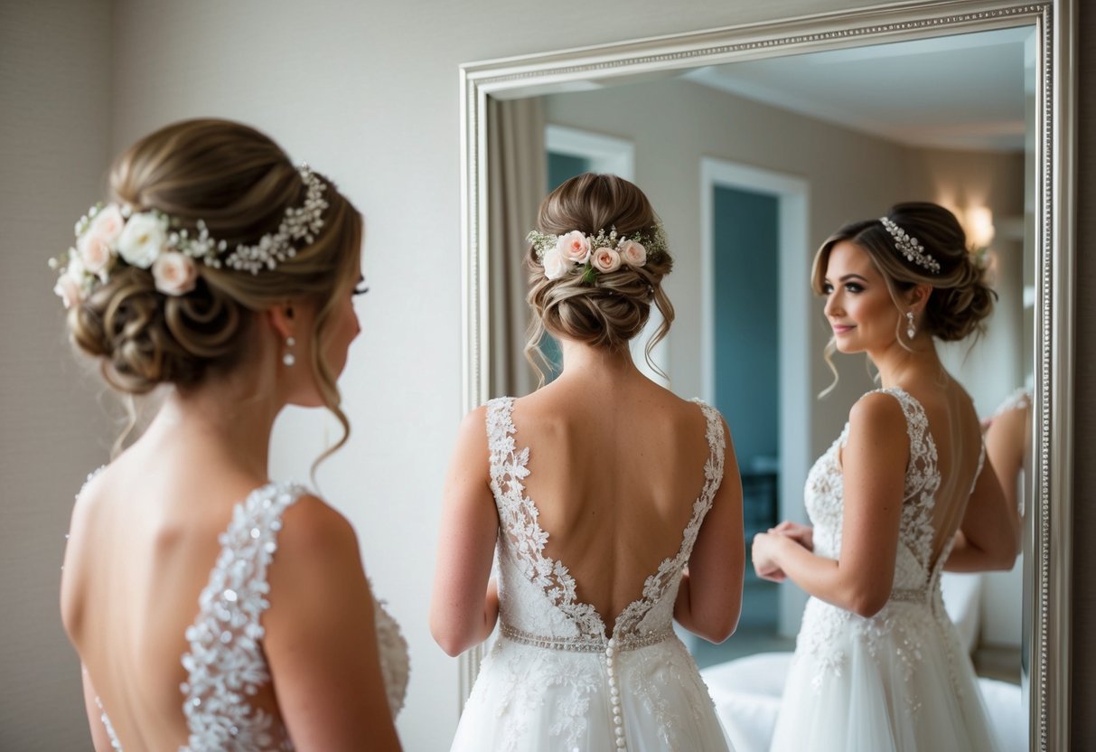 A bride with an elegant updo, adorned with delicate flowers and sparkling hair accessories, stands before a mirror, contemplating her wedding day look