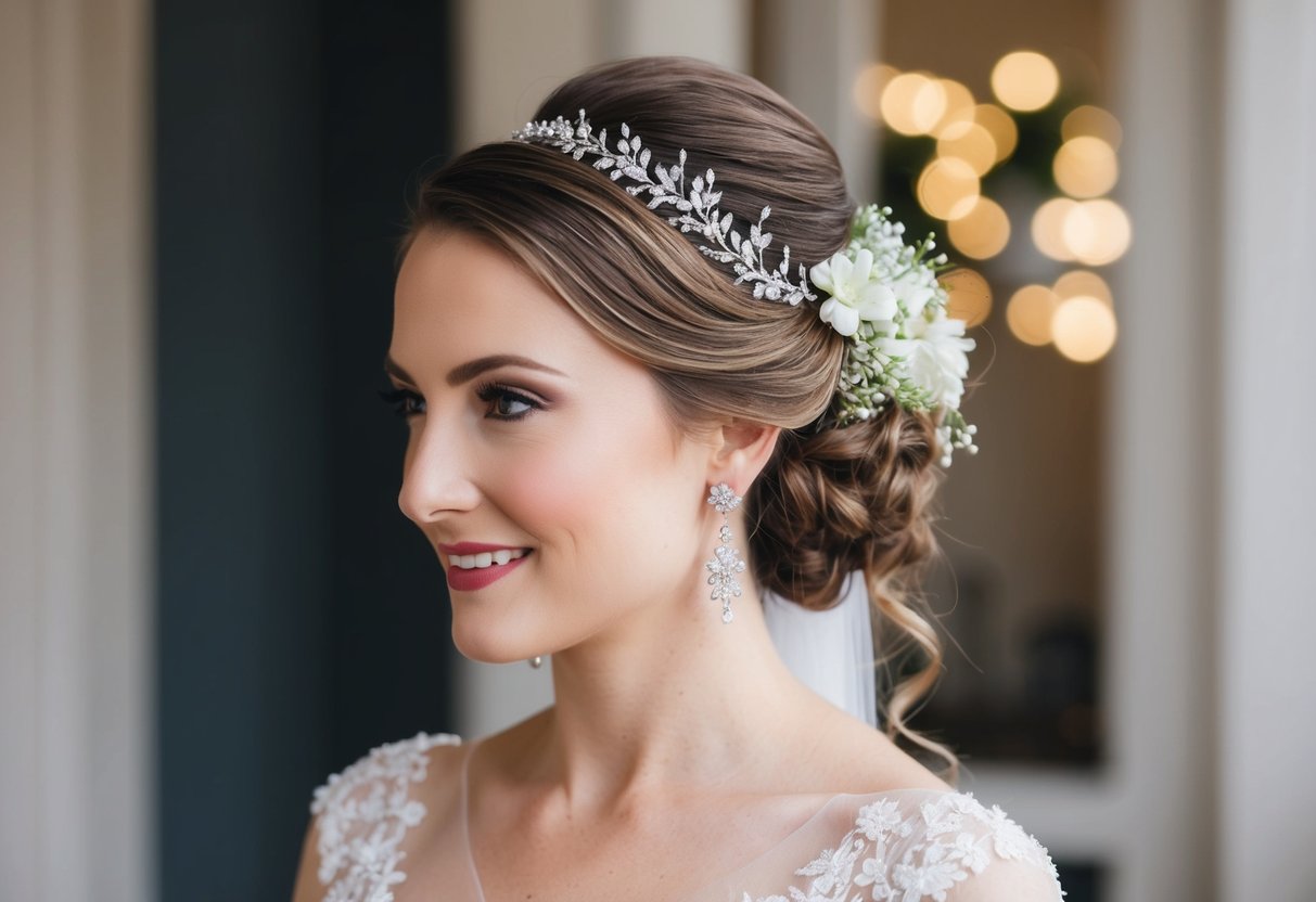 A bride with her hair elegantly styled up, adorned with delicate flowers or a sparkling hairpiece, looking radiant on her wedding day