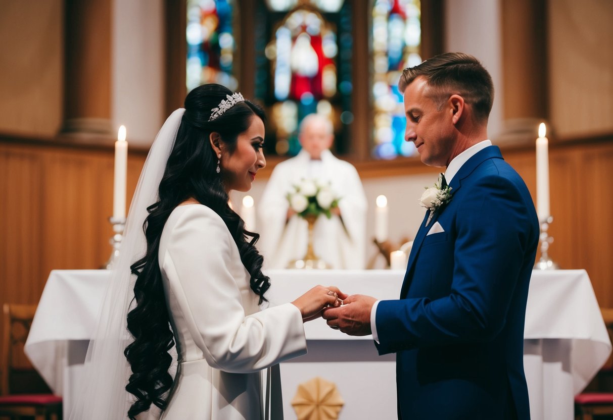 A well-dressed figure stands at the altar, holding the wedding rings