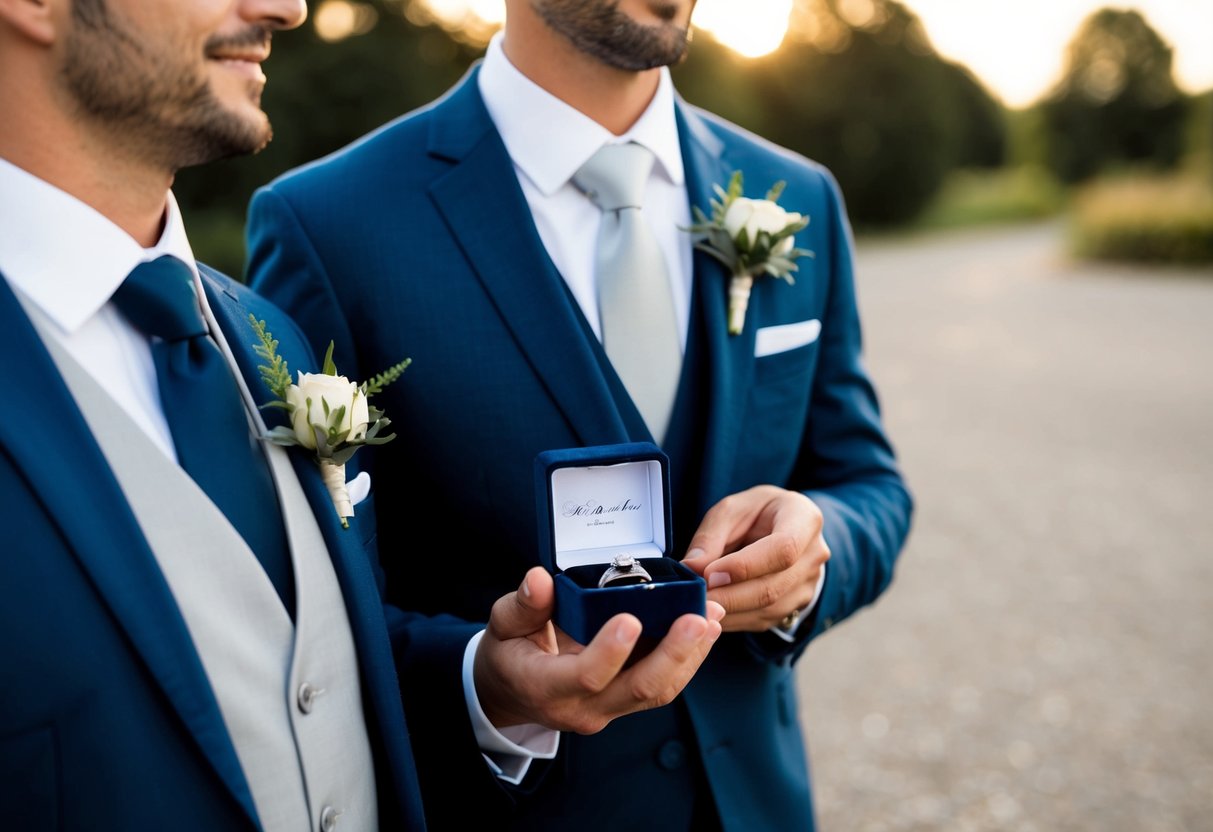 The best man stands beside the groom, wearing a sharp suit with a boutonniere. He holds the wedding rings in a small box
