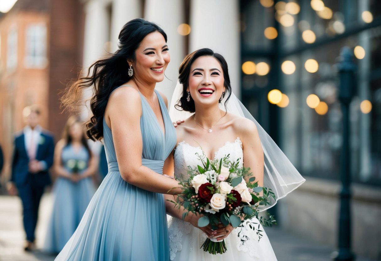 A woman in a flowing dress stands beside a bride, holding a bouquet and smiling. The bride looks joyful, and the two women appear close