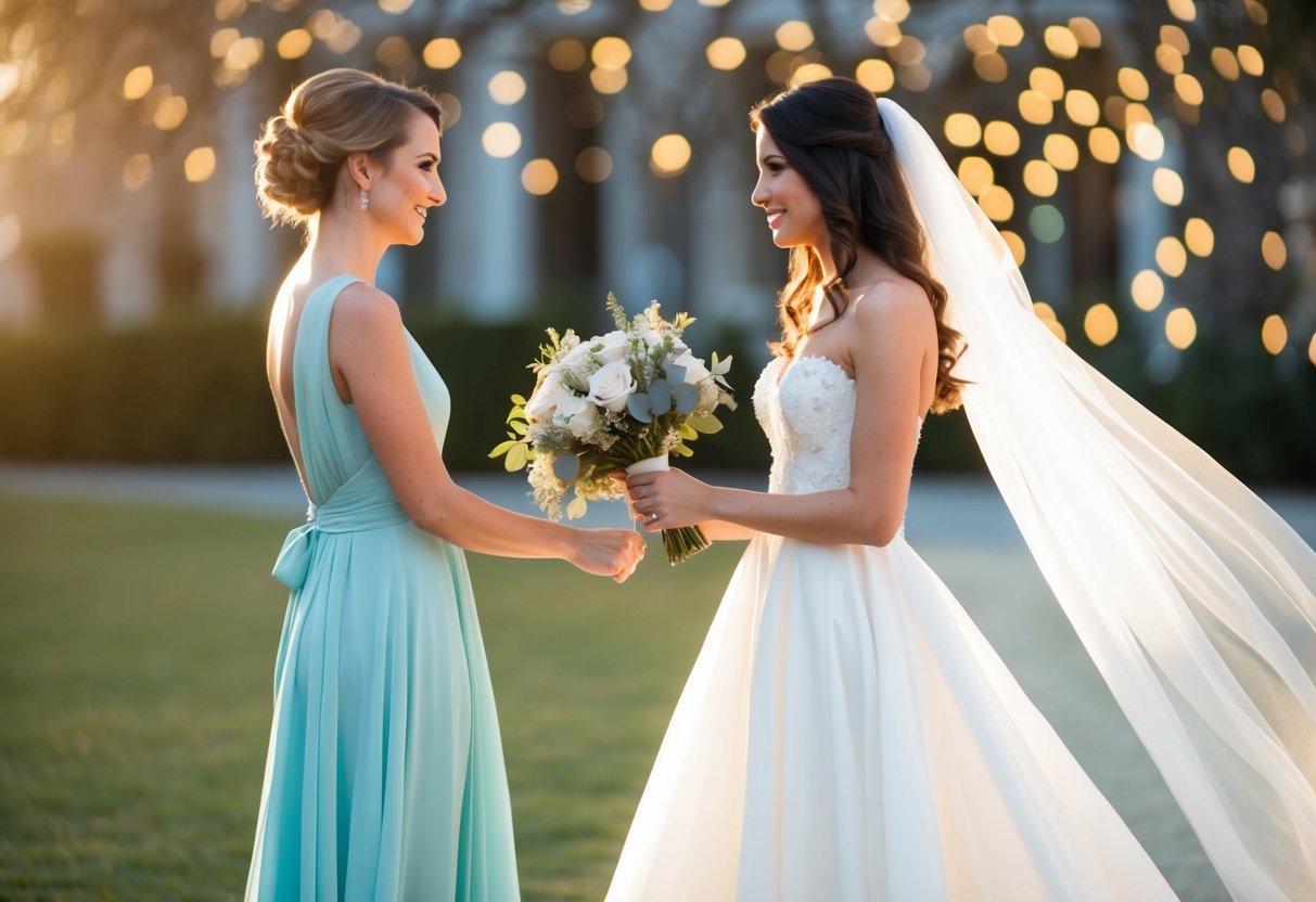 A woman in a flowing gown stands beside a bride, holding a bouquet and offering support and assistance