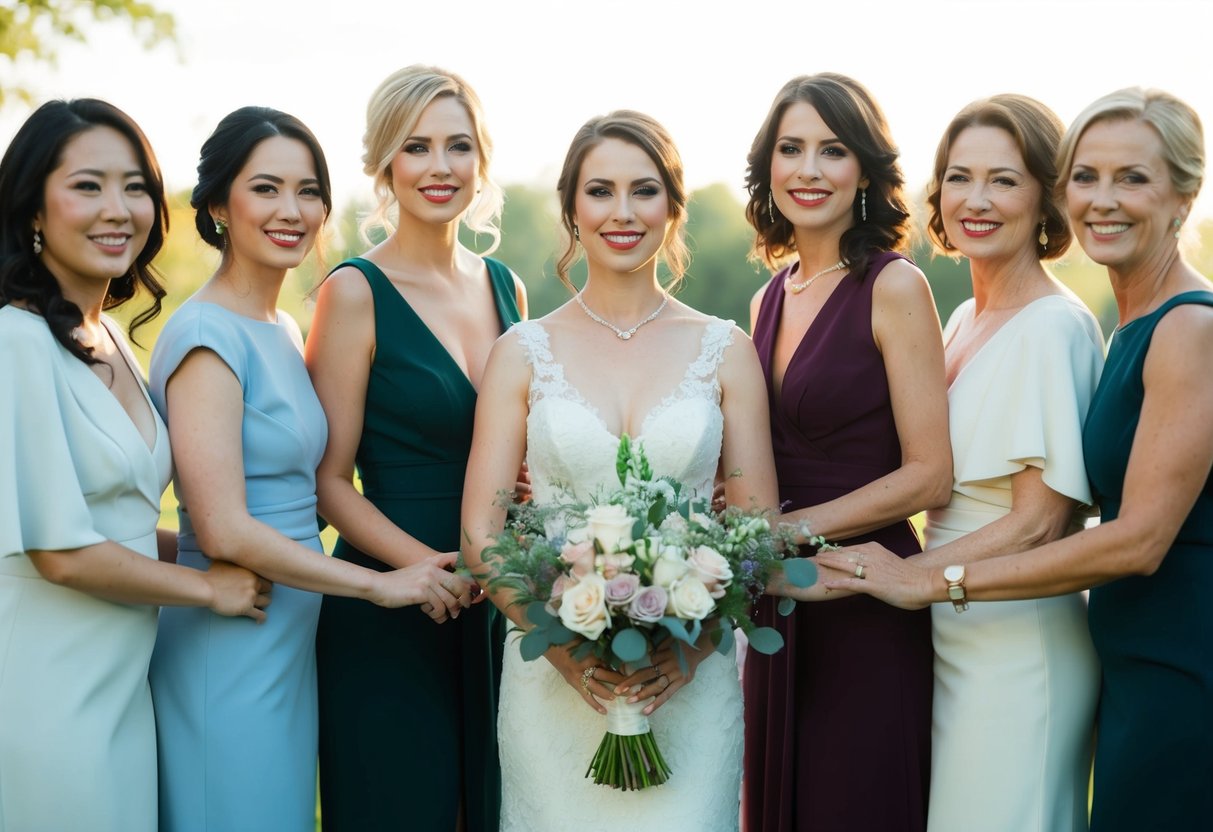 A group of women in elegant attire stand together, one woman in the center holding a bouquet. They exude a sense of camarader and support