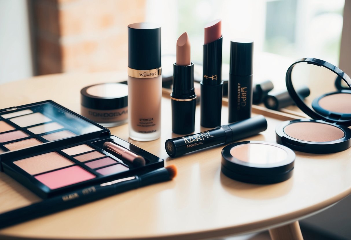 A table with makeup products arranged neatly, including foundation, blush, eyeshadow palettes, mascara, and lipstick. A soft, natural light illuminates the scene