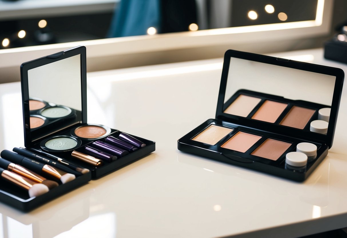 A makeup artist's table with two distinct sets of makeup products - one for day makeup and another for bridal makeup