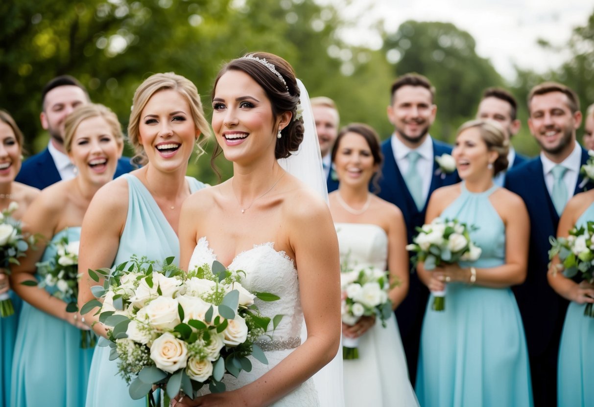 A maid of honor stands beside a bride, holding a bouquet and smiling, surrounded by a joyful wedding party