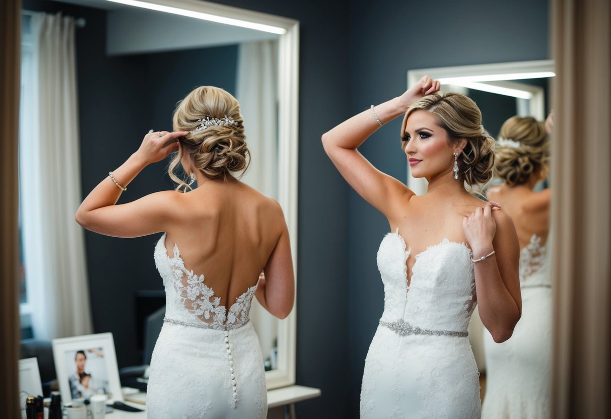 A bride stands before a mirror, contemplating her hairstyle for the wedding. She holds her hair up and then lets it fall down, considering both options
