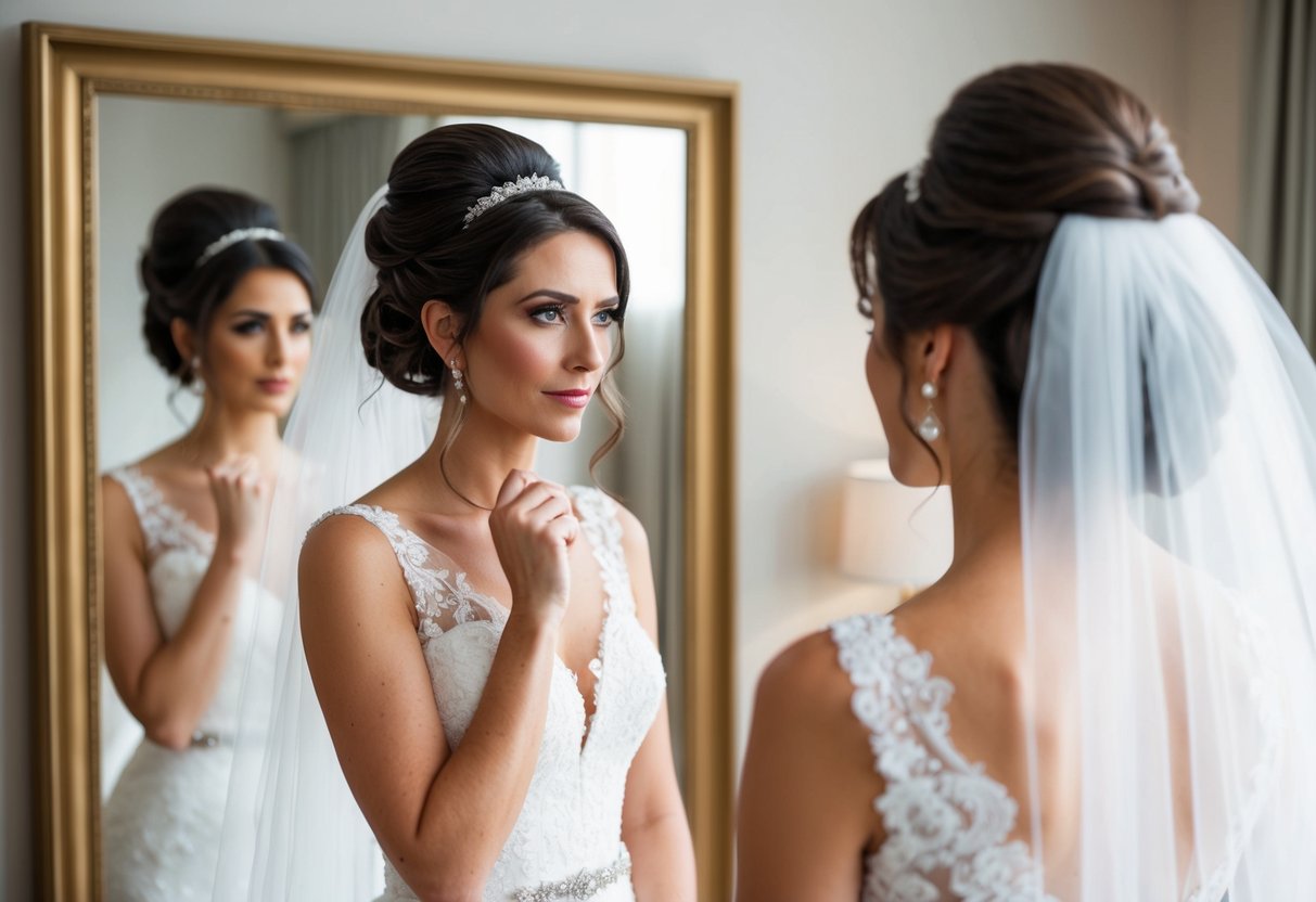 A bride stands in front of a mirror, trying on a veil with her hair styled in an elegant updo. She looks contemplative, considering the practical aspects of wedding hairstyles