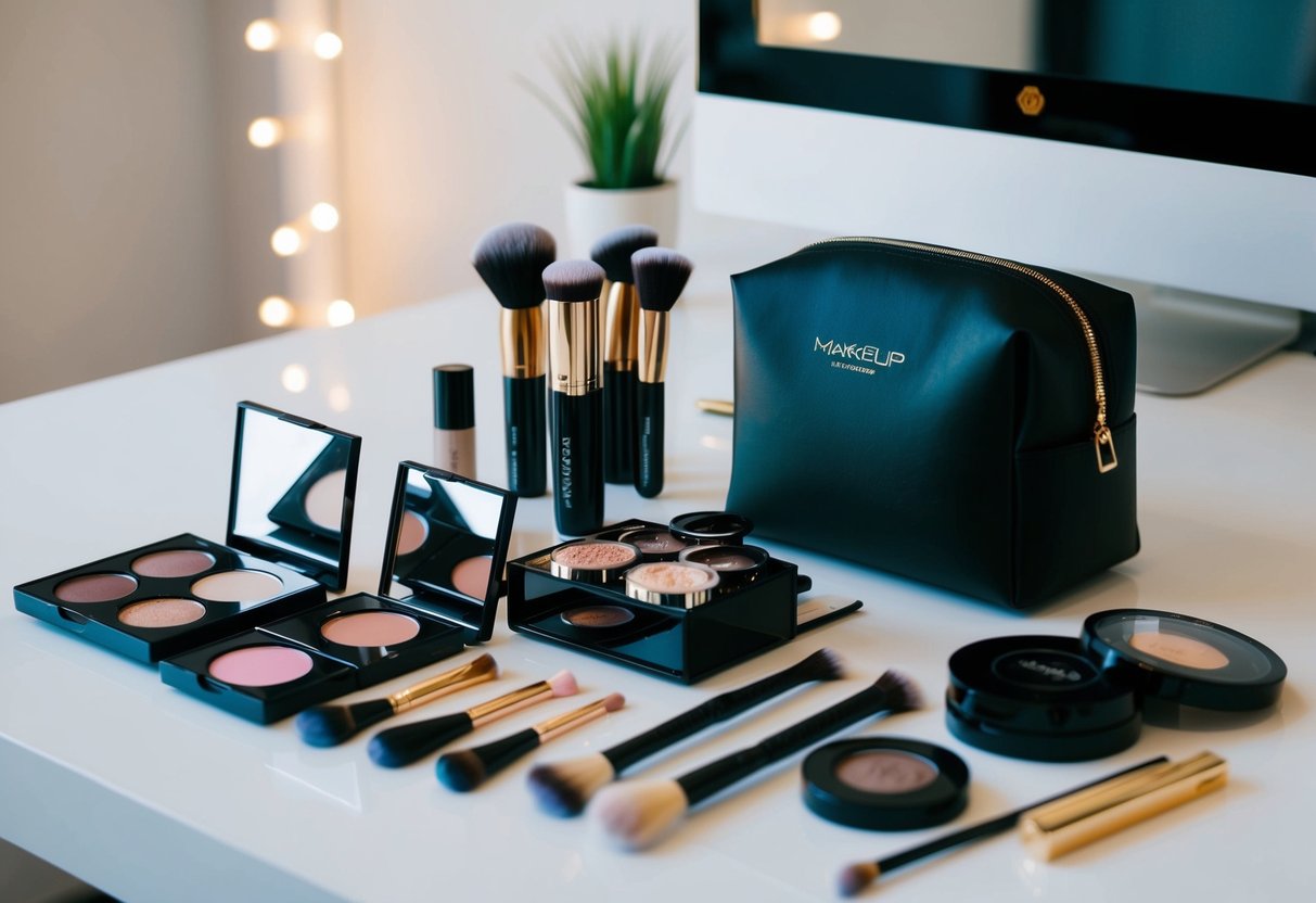 A makeup artist's kit with bridal makeup products and tools arranged neatly on a clean, well-lit workspace