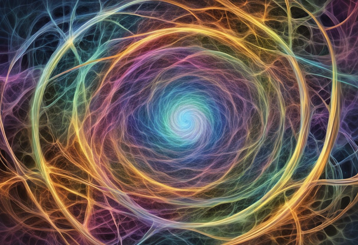 A swirling vortex of colorful energy merging with a web of intricate neural pathways, symbolizing the interplay between science and mysticism in decision-making