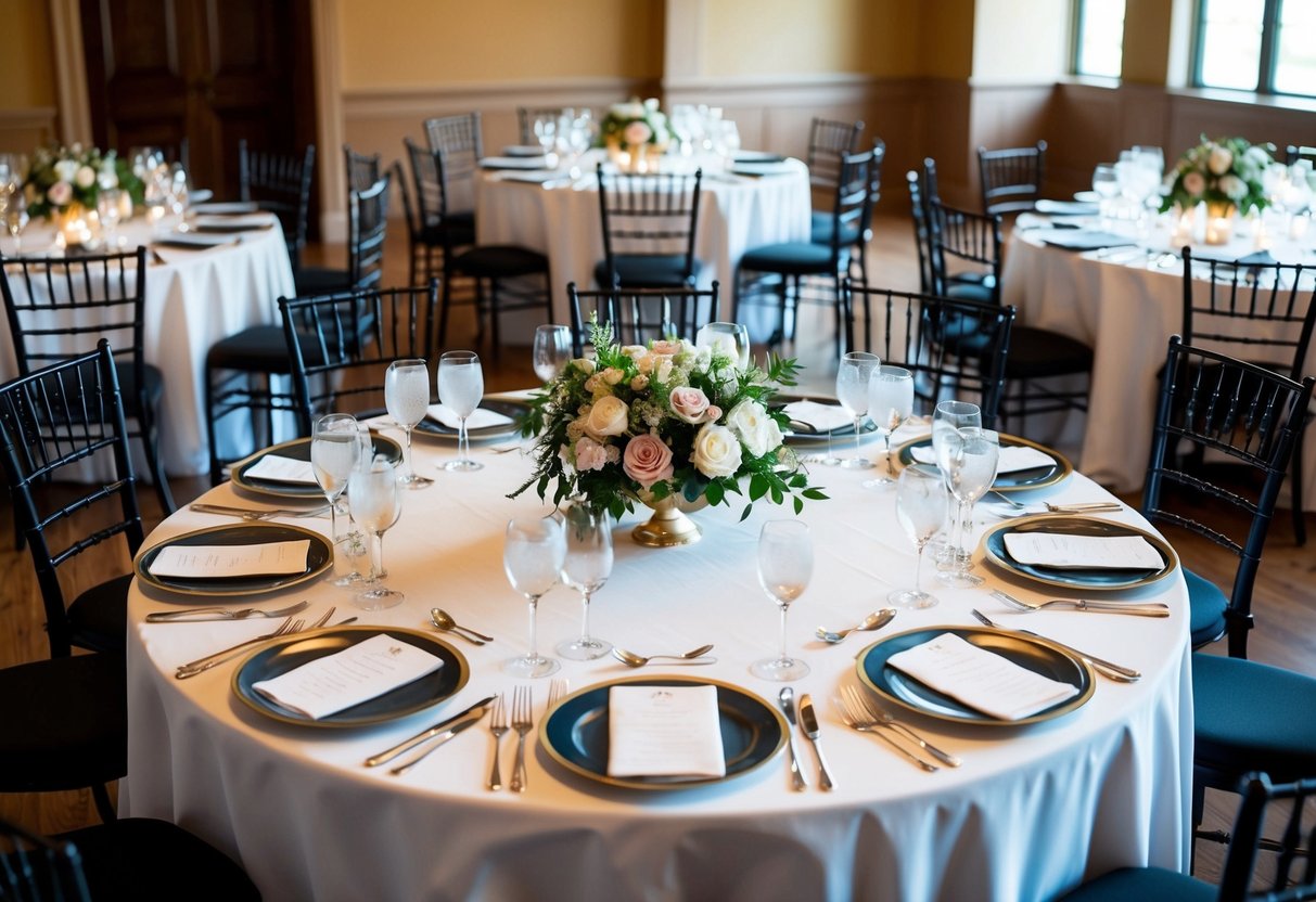 A beautifully decorated table with elegant place settings and floral centerpieces, surrounded by empty chairs arranged in a semi-circle