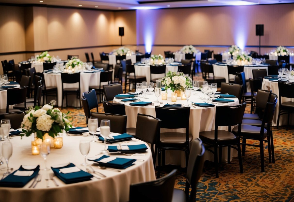 A banquet hall filled with tables set for a wedding reception, with a mix of round and rectangular tables and elegant place settings