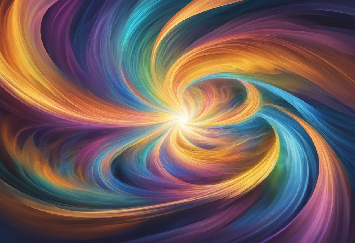 A swirling vortex of colorful energy, representing the subconscious mind, merges with a beam of light, symbolizing the intersection of science and mysticism in decision-making