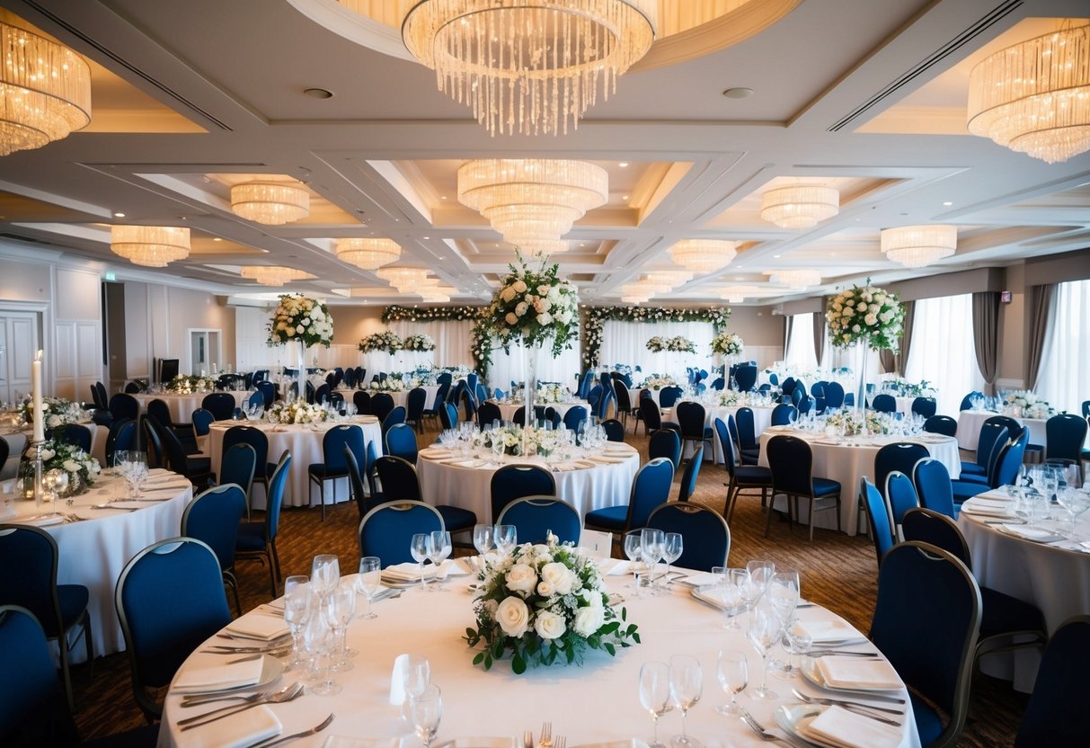 A wedding venue with tables set for a large number of guests, surrounded by decorations and flowers
