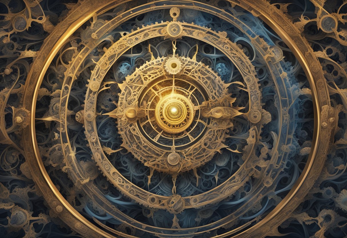 A swirling vortex of light and shadow, with intricate gears and symbols merging science and mysticism