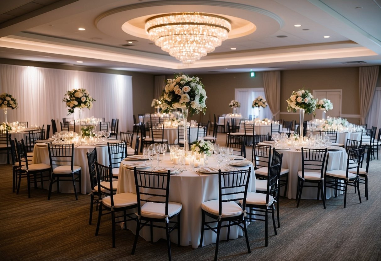 A beautifully decorated wedding reception venue with tables, chairs, and place settings arranged for a large number of guests