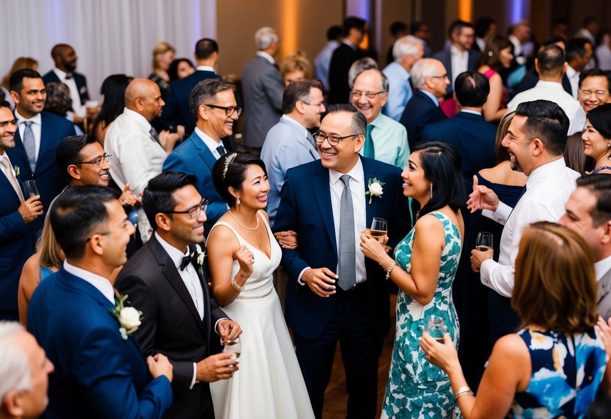 A diverse group of people of different ages and backgrounds mingling at a wedding reception, with various cultural and generational trends represented