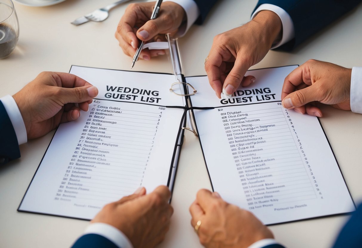 A wedding guest list being carefully divided into two equal halves