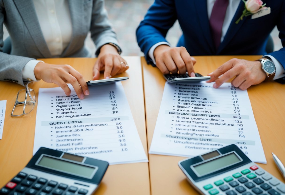 A couple sits at a table with two separate guest lists, comparing and discussing each one with calculators and budget spreadsheets in front of them