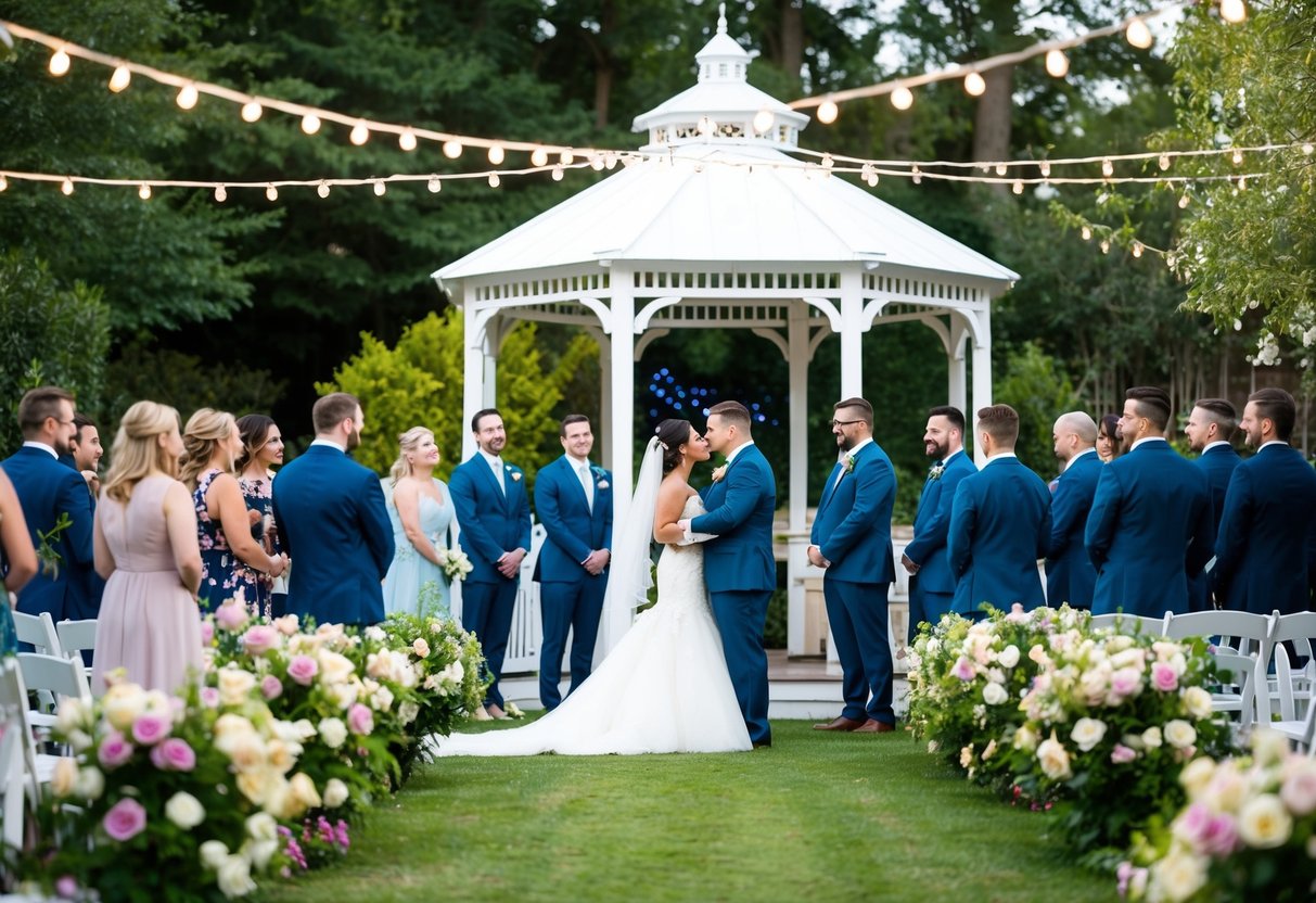 A 100-person wedding takes place in a lush garden with a white gazebo, surrounded by blooming flowers and twinkling string lights
