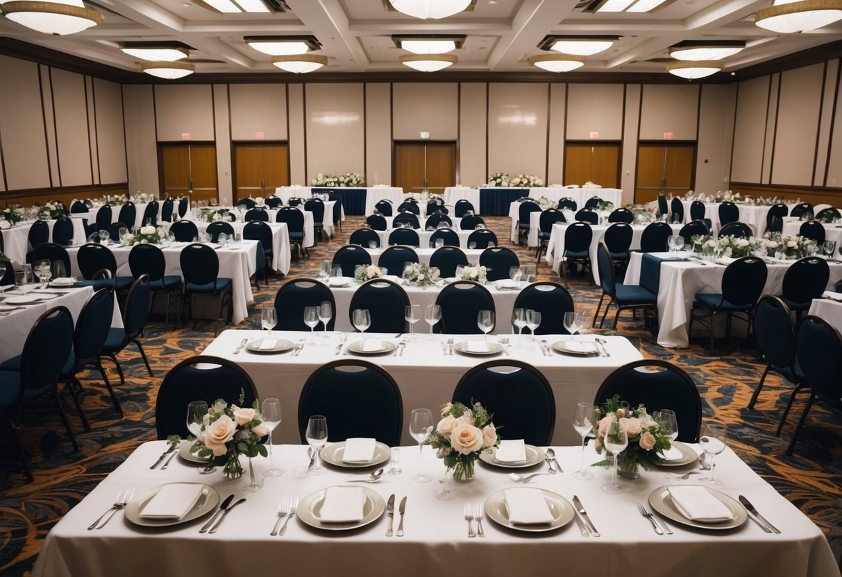 A banquet hall with 100 seats arranged in neat rows, adorned with elegant table settings and floral centerpieces