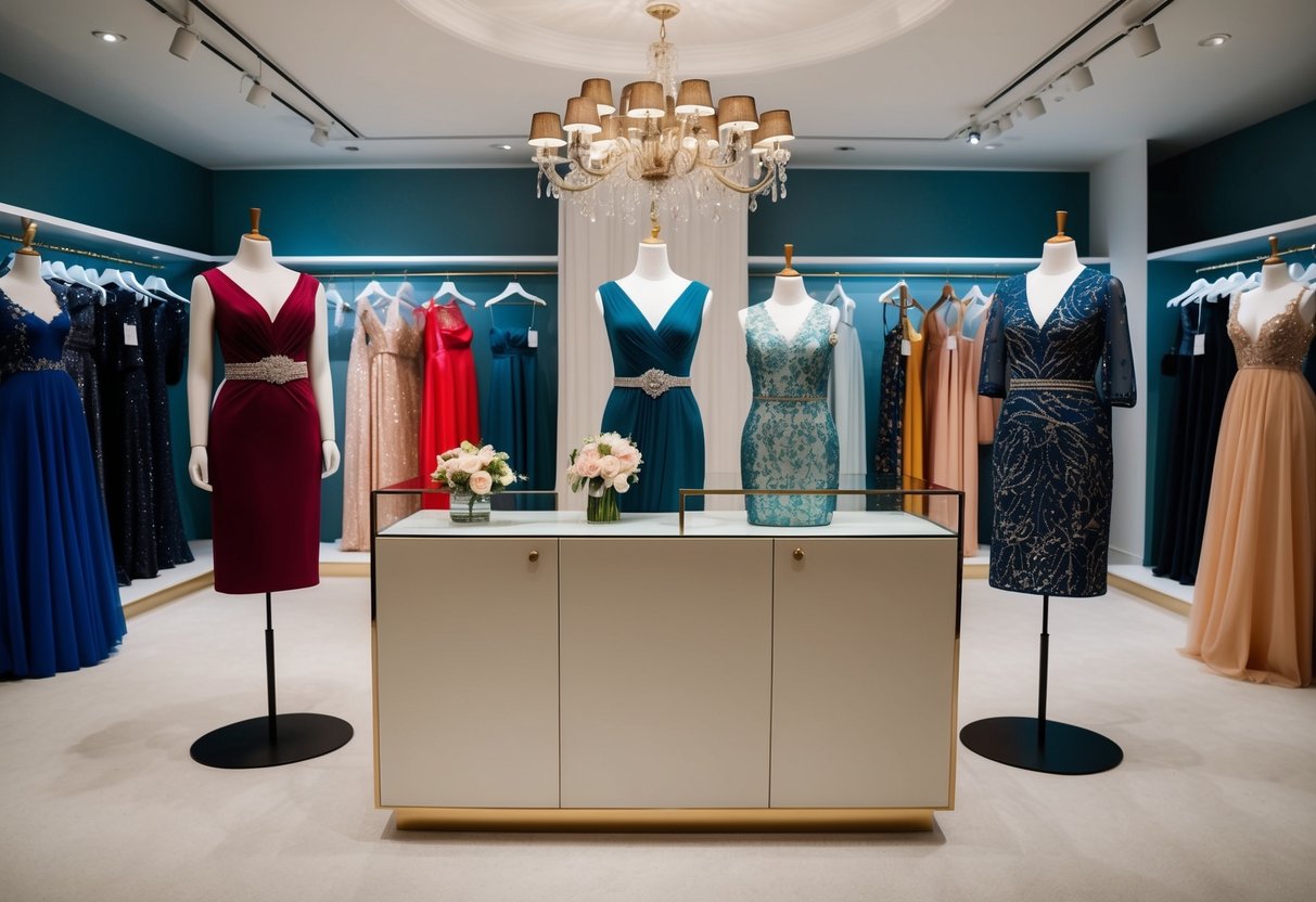 A stylish boutique displaying elegant mother of the bride outfits with mannequins showcasing different styles and colors