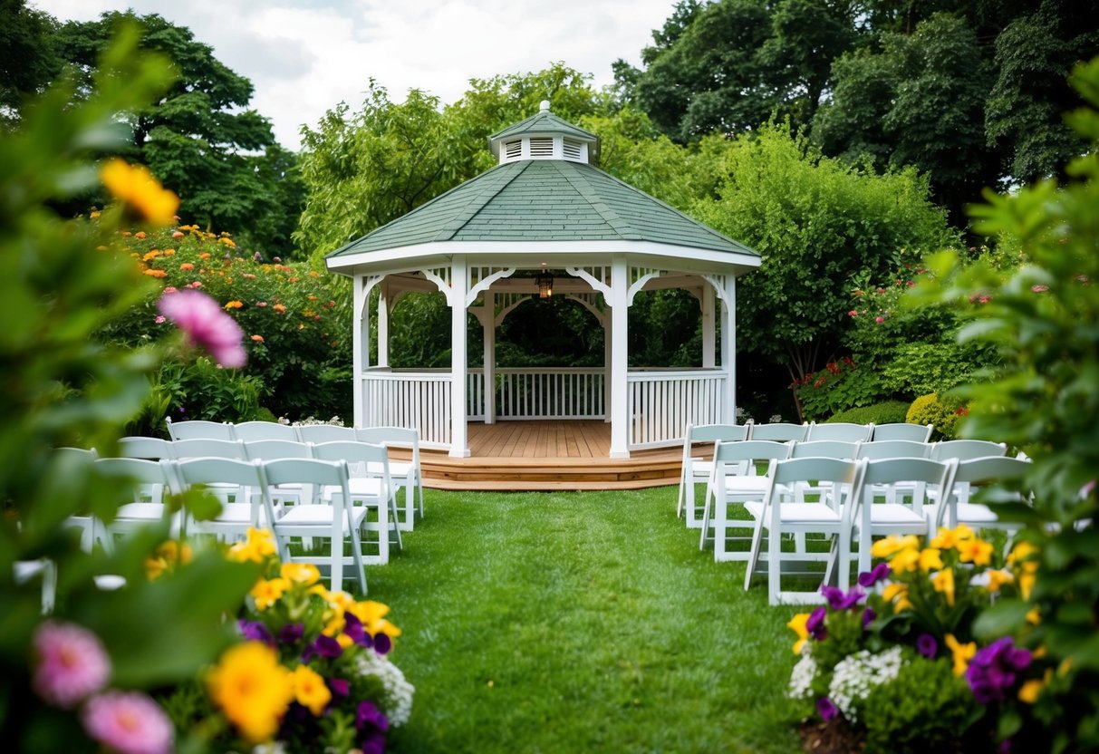 A cozy outdoor wedding venue with a charming gazebo, surrounded by lush greenery and colorful flowers, with enough seating for 100 guests