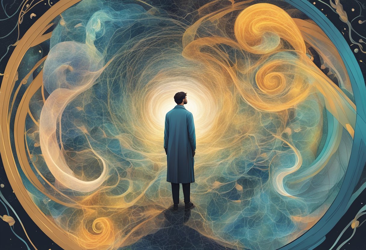 A person surrounded by swirling, ethereal patterns, with a split between scientific and mystical imagery