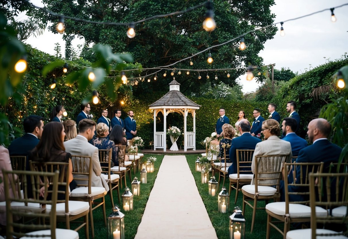 A cozy outdoor wedding set in a lush garden with twinkling lights, intimate seating, and a charming gazebo for the ceremony