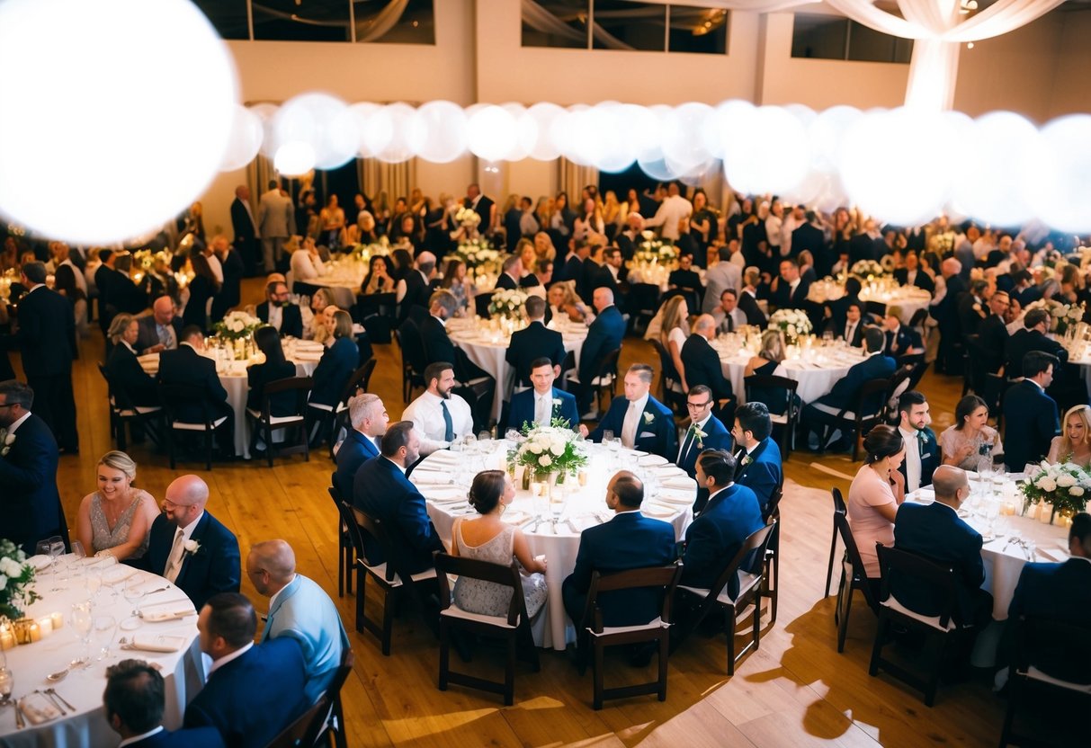 A crowded wedding venue with 100 guests, tables, chairs, and a dance floor