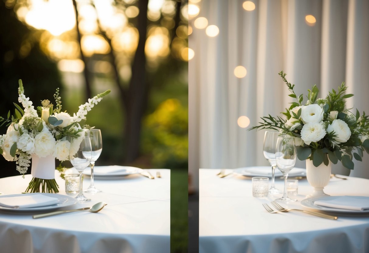 A table with two equal halves, one side adorned with wedding decorations and the other left bare