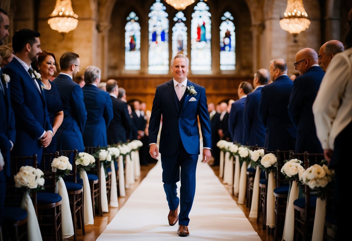 A figure in formal attire leads the processional down the aisle