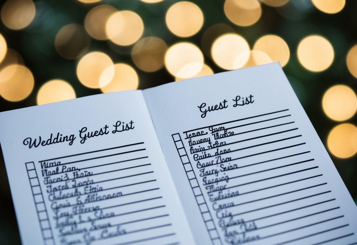 A wedding guest list split in half, with names neatly written on one side and empty space on the other