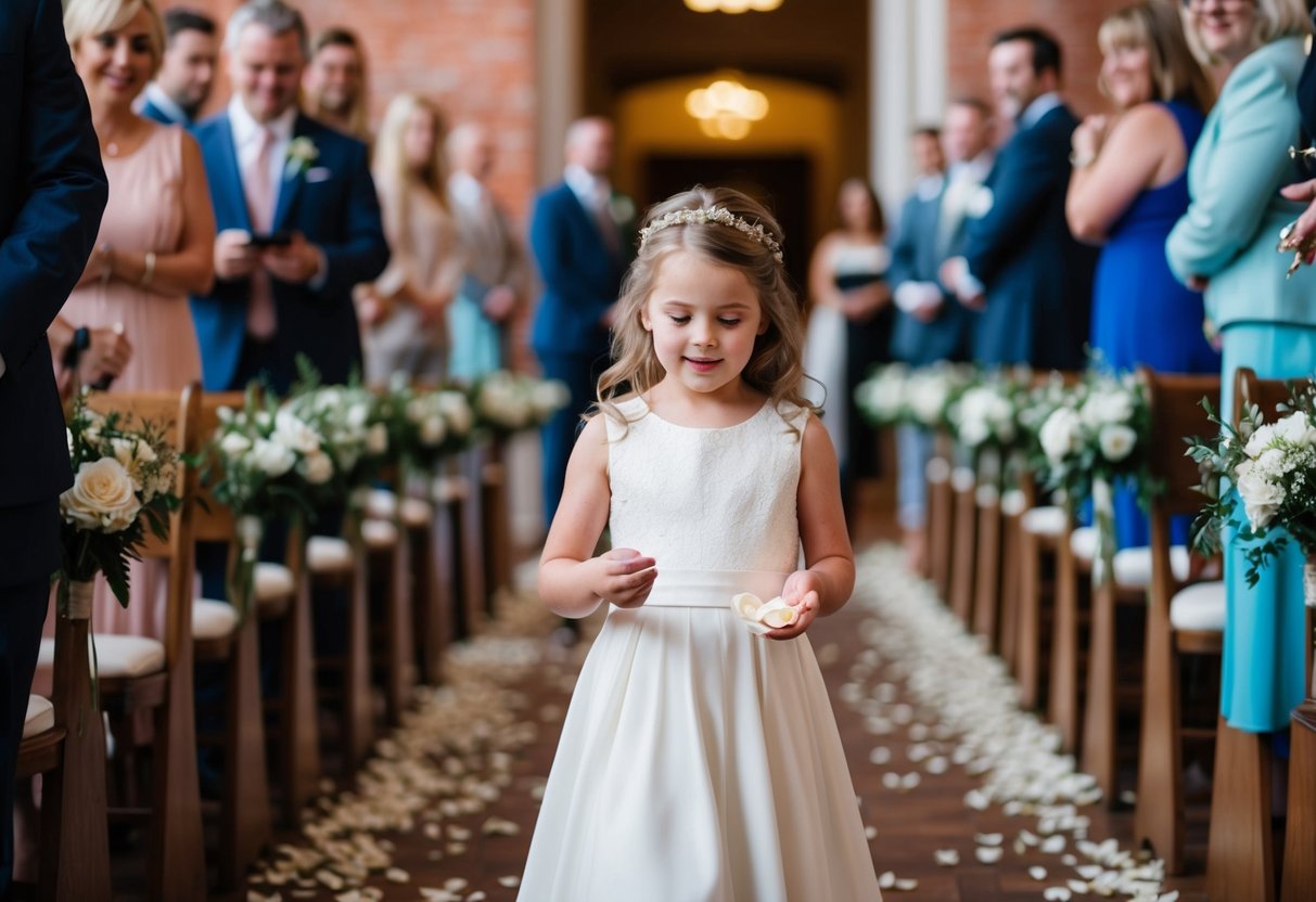 A flower girl scatters petals as she walks down the aisle