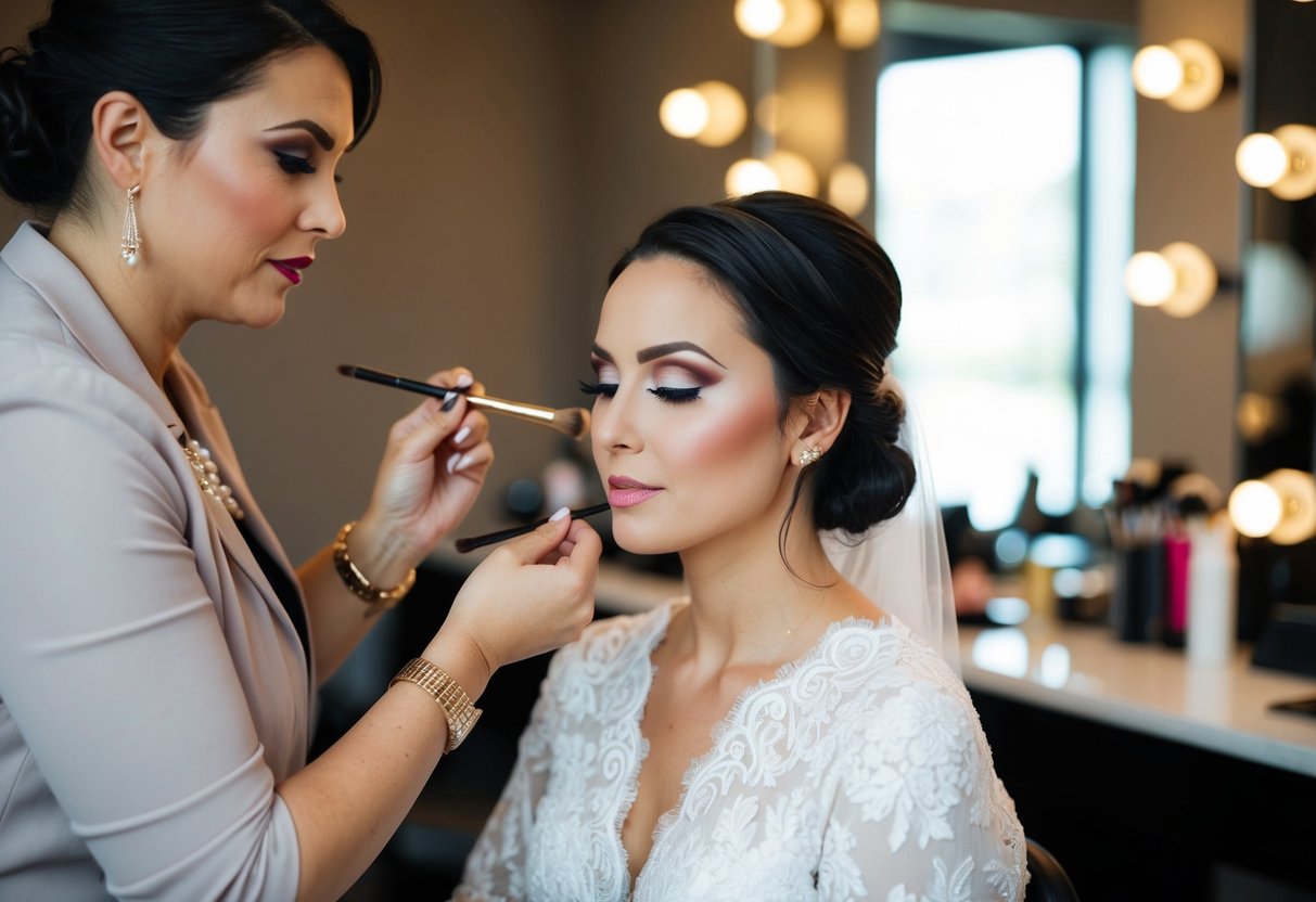 A makeup artist applies finishing touches to a bridal makeup look