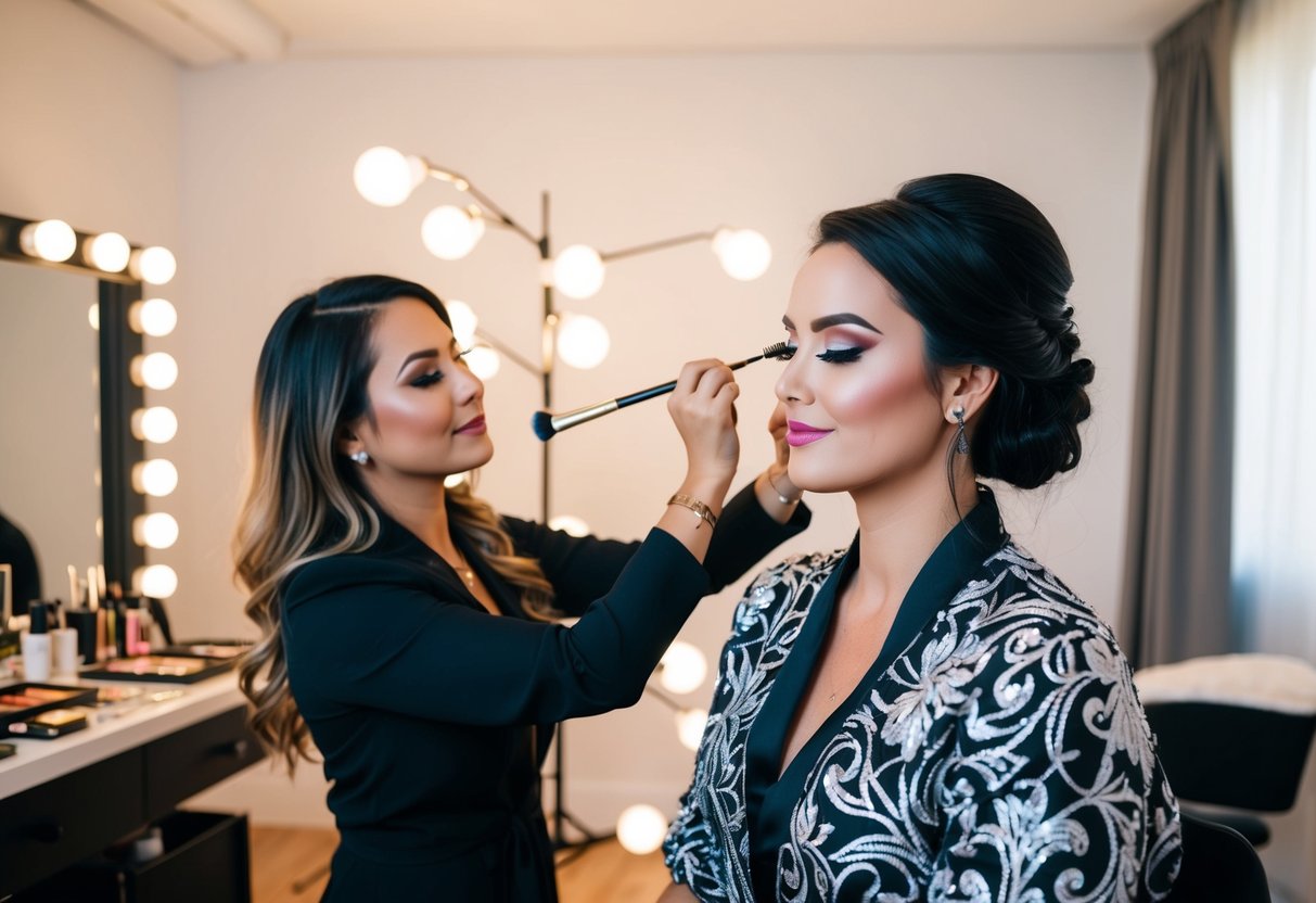 A makeup artist applies the final touches to a bridal makeup look in a well-lit and organized studio setting
