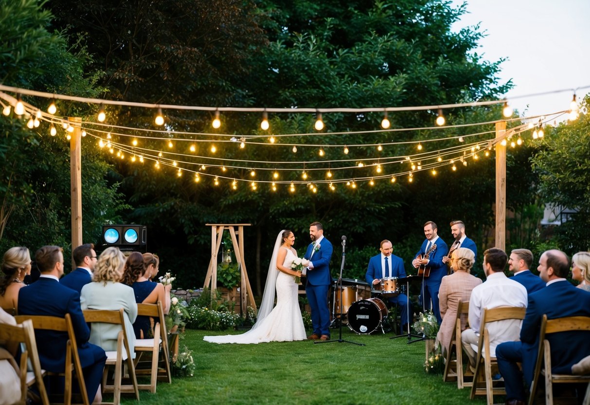 A cozy outdoor garden wedding with string lights, rustic wooden decor, and a small band playing live music