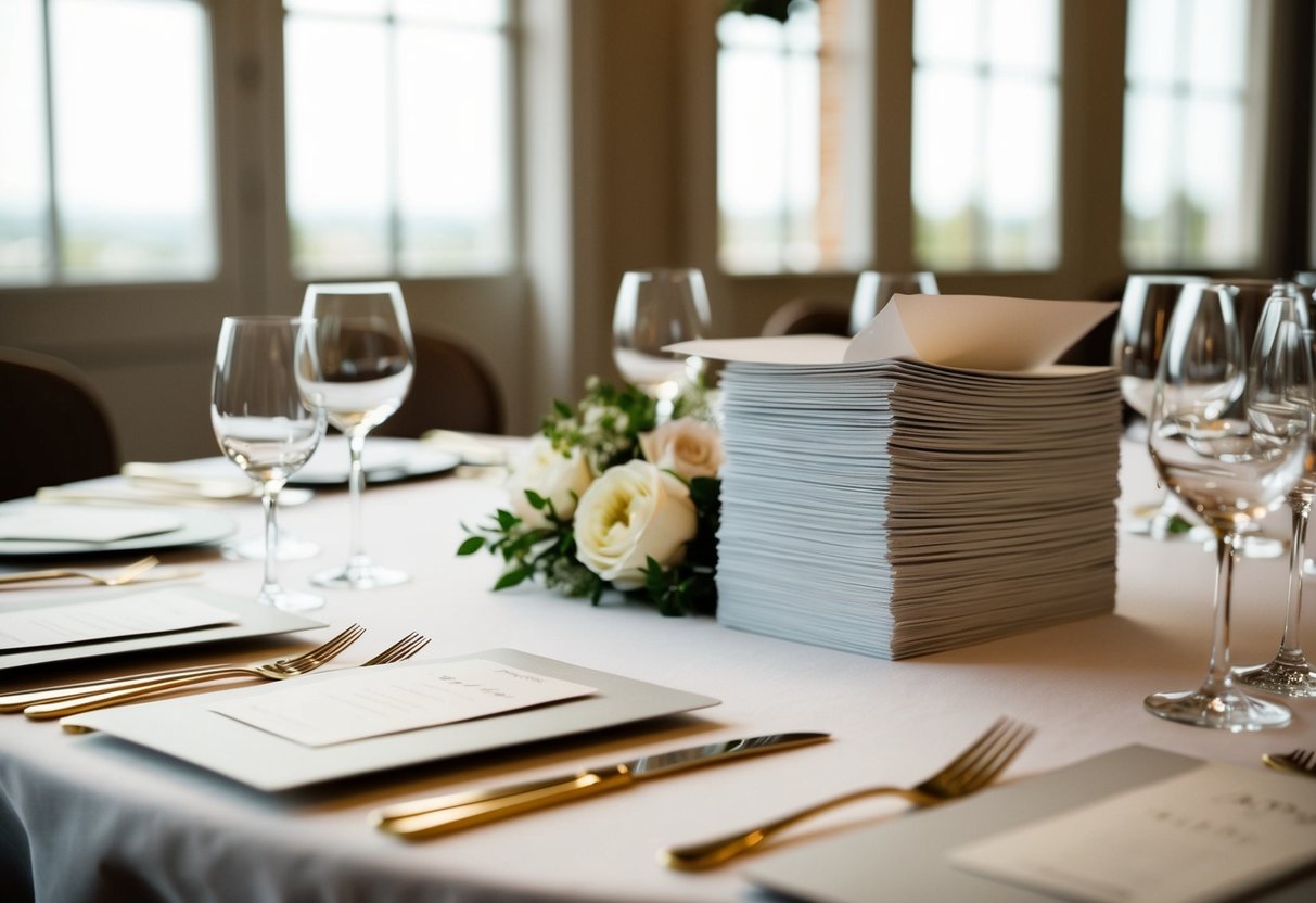 A table set with elegant but understated wedding invitations, with a separate pile for the B-list guests